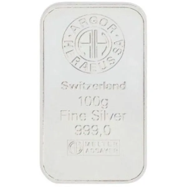 Rechteckiger 100 g Silberbarren von Argor-Heraeus, geprägt mit Logo, Gewichts- und Feinheitsangabe 999,9 Feinsilber.
