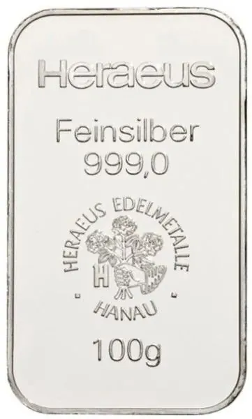 Rechteckiger 100 g Silberbarren von Argor-Heraeus, geprägt mit Logo, Gewichts- und Feinheitsangabe 999,9 Feinsilber.