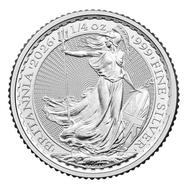 1/4 Unze Silbermünze Britannia 2026 mit Porträt von König Charles III. auf der Vorderseite, Rückseite mit klassischer Britannia-Darstellung, geprägt in 999 Feinsilber.“