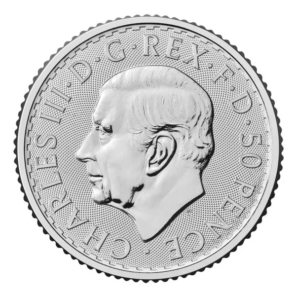 1/4 Unze Silbermünze Britannia 2026 mit Porträt von König Charles III. auf der Vorderseite, Rückseite mit klassischer Britannia-Darstellung, geprägt in 999 Feinsilber.“
