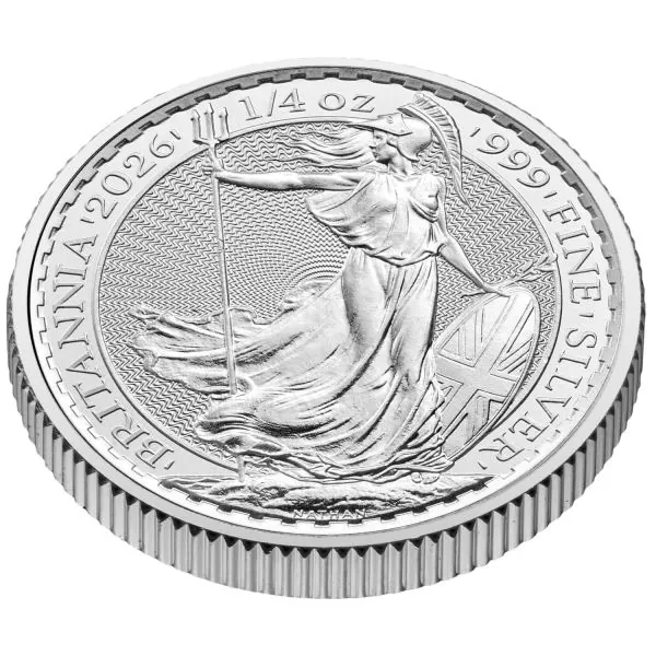 1/4 Unze Silbermünze Britannia 2026 mit Porträt von König Charles III. auf der Vorderseite, Rückseite mit klassischer Britannia-Darstellung, geprägt in 999 Feinsilber.“