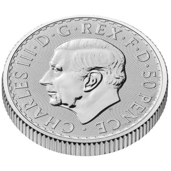 1/4 Unze Silbermünze Britannia 2026 mit Porträt von König Charles III. auf der Vorderseite, Rückseite mit klassischer Britannia-Darstellung, geprägt in 999 Feinsilber.“
