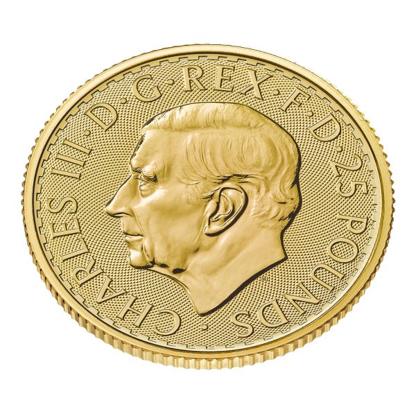 „1/4 Unze Goldmünze Großbritannien 2026 – Britannia mit Porträt von König Charles III. Vorderseite zeigt das offizielle Porträt des Königs, Rückseite die klassische Darstellung der Britannia.“