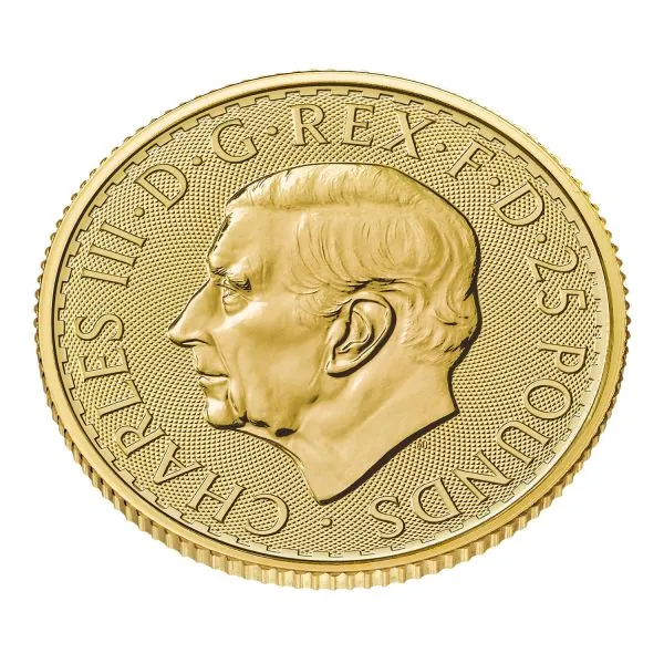 „1/4 Unze Goldmünze Großbritannien 2026 – Britannia mit Porträt von König Charles III. Vorderseite zeigt das offizielle Porträt des Königs, Rückseite die klassische Darstellung der Britannia.“