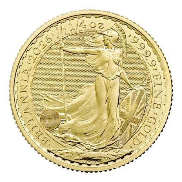 „1/4 Unze Goldmünze Großbritannien 2026 – Britannia mit Porträt von König Charles III. Vorderseite zeigt das offizielle Porträt des Königs, Rückseite die klassische Darstellung der Britannia.“