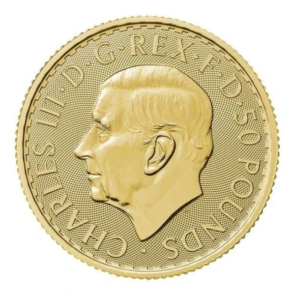 „1/4 Unze Goldmünze Großbritannien 2026 – Britannia mit Porträt von König Charles III. Vorderseite zeigt das offizielle Porträt des Königs, Rückseite die klassische Darstellung der Britannia.“