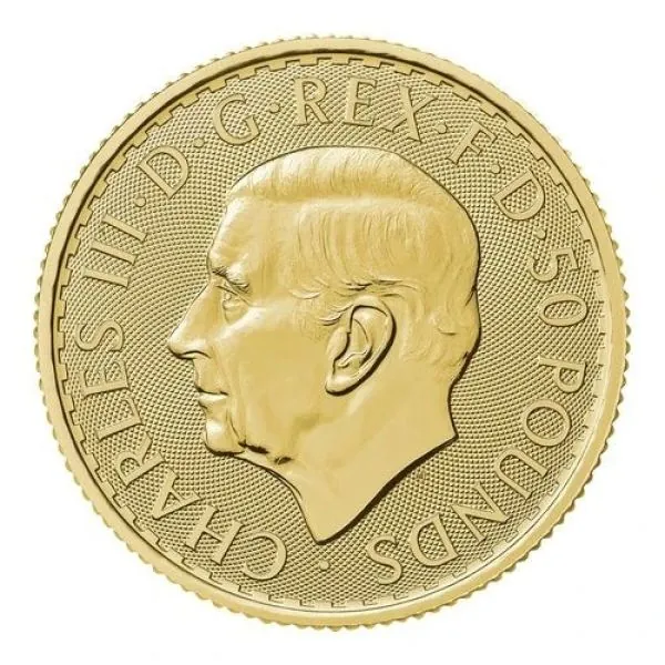 „1/4 Unze Goldmünze Großbritannien 2026 – Britannia mit Porträt von König Charles III. Vorderseite zeigt das offizielle Porträt des Königs, Rückseite die klassische Darstellung der Britannia.“