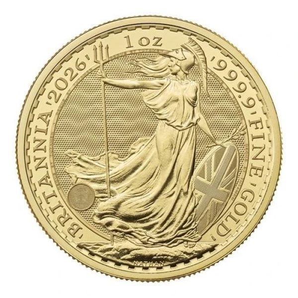 1 Unze Goldmünze Großbritannien 2026 – Britannia mit Porträt von König Charles III. Vorderseite zeigt das offizielle Porträt des Königs, Rückseite die klassische Darstellung der Britannia. Lieferung einzeln in Kapseln oder im 10er Tube