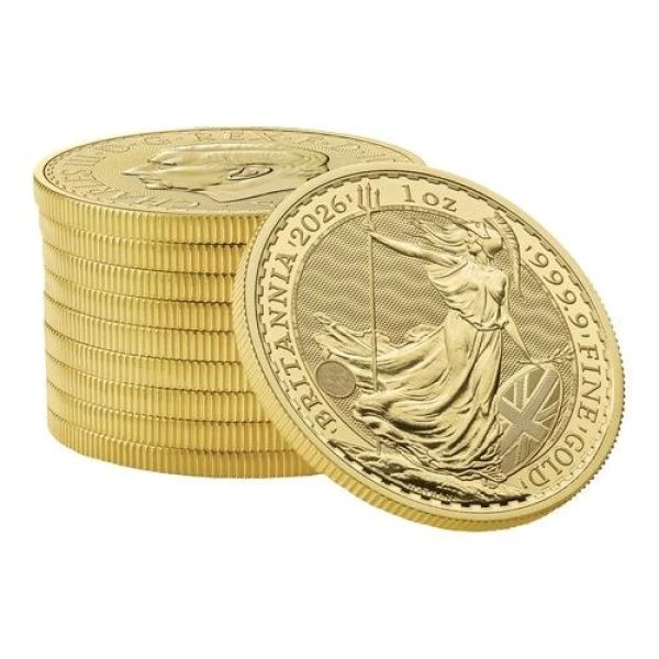 1 Unze Goldmünze Großbritannien 2026 – Britannia mit Porträt von König Charles III. Vorderseite zeigt das offizielle Porträt des Königs, Rückseite die klassische Darstellung der Britannia. Lieferung einzeln in Kapseln oder im 10er Tube