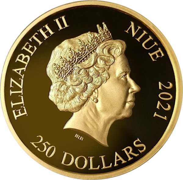 Unze Goldmünze Niue 2021 Jurassic World™, Vorderseite mit Porträt von Königin Elizabeth II., Rückseite mit detailreichem T-Rex-Skelett, Proof-Qualität, weltweit auf 100 Stück limitiert.