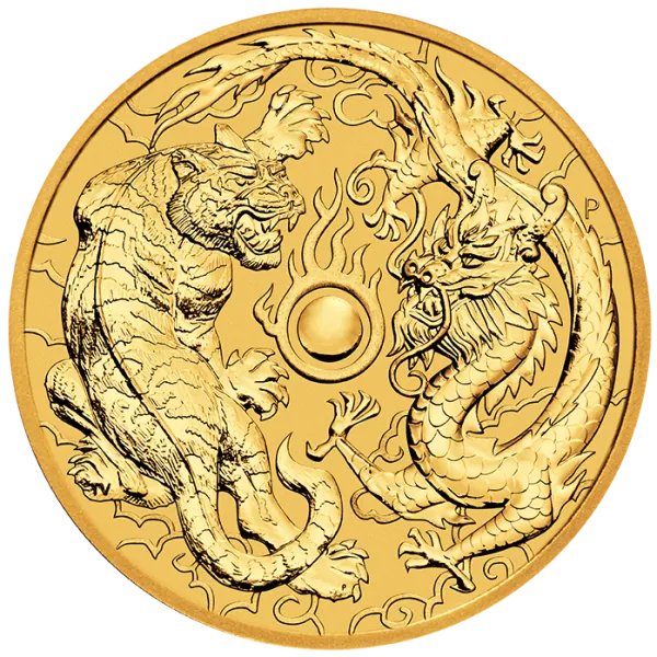 1 Unze Goldmünze Australien 2019 – Drache & Tiger, geprägt von der Perth Mint, Vorderseite mit Porträt von Königin Elizabeth II., Rückseite mit detailreicher Darstellung von Drache und Tiger