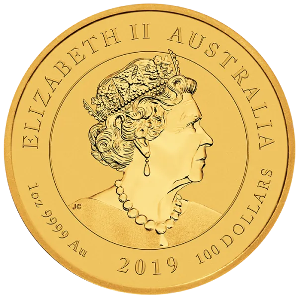 1 Unze Goldmünze Australien 2019 – Drache & Tiger, geprägt von der Perth Mint, Vorderseite mit Porträt von Königin Elizabeth II., Rückseite mit detailreicher Darstellung von Drache und Tiger