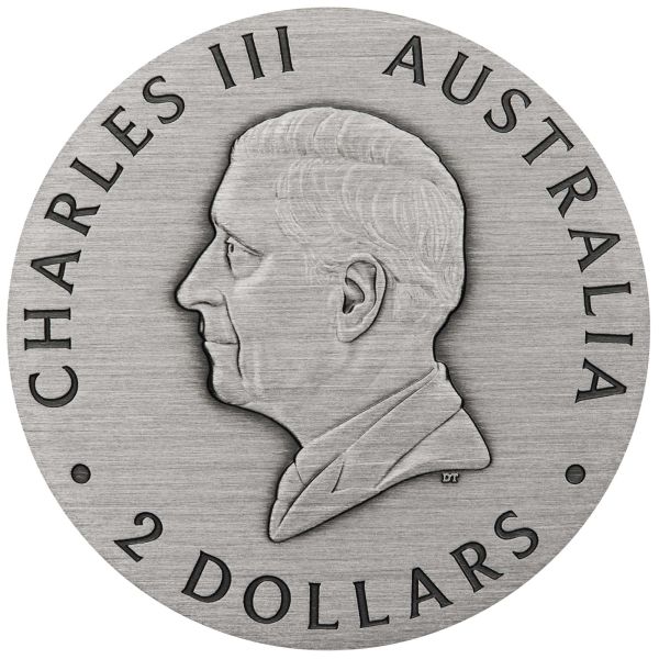 Silbermünze 2025 aus Australien mit farbigem Emu-Motiv im Antique Finish, 2 Unzen Feinsilber, Auslieferung in Etui mit Zertifikat, limitierte Auflage von 2.000 Stück.