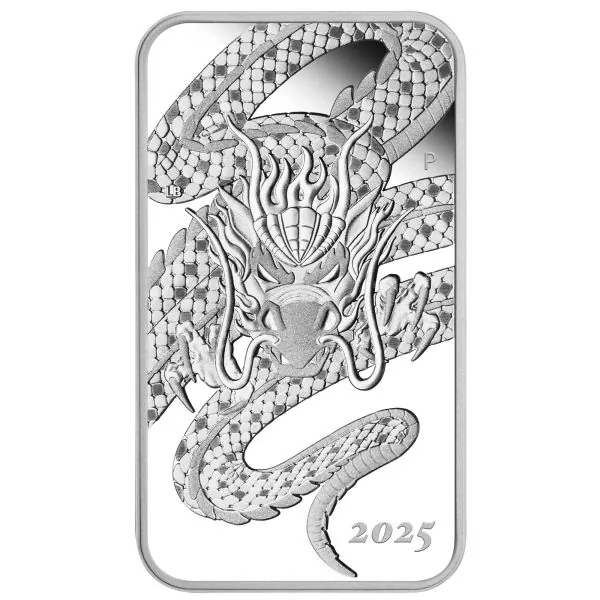 1 Unze Silber Münzbarren Australien 2025 in rechteckiger Form, Motiv chinesischer Drache, polierte Platte, geliefert im Schweberahmen mit Zertifikat und Umverpackung.