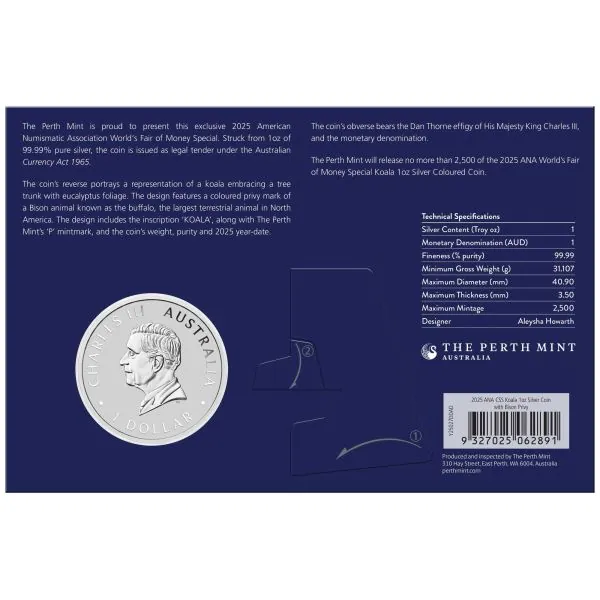 1 Unze Silbermünze Australien 2025 Koala im Blister, Sonderausgabe der Perth Mint zur ANA World's Fair of Money, mit Bison Privy Mark, limitierte Auflage 2.500 Stück