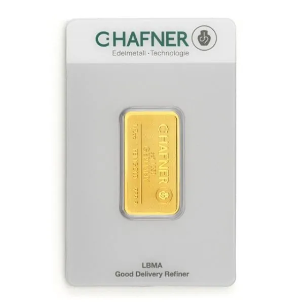 5 Gramm Goldbarren C.HAFNER in Blister mit Seriennummer, Rückseite 5 Gramm Goldbarren C.HAFNER in Blister mit Seriennummer, Rückseite
