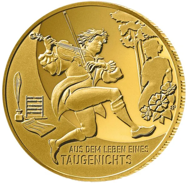 „Deutschland 100 Euro Gold Gedenkmünze 2025, Motiv: Aus dem Leben eines Taugenichts, dritte Ausgabe der Serie Meisterwerke der Deutschen Literatur, Vorderseite mit Bundesadler, Rückseite mit künstlerischer Darstellung aus dem Werk, Auflage 66.000 Stück, P