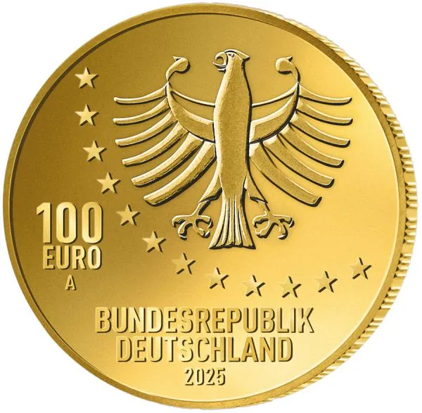 „Deutschland 100 Euro Gold Gedenkmünze 2025, Motiv: Aus dem Leben eines Taugenichts, dritte Ausgabe der Serie Meisterwerke der Deutschen Literatur, geprägt von Prägeanstalt A, Vorderseite mit Bundesadler, Rückseite mit künstlerischer Darstellung aus dem W