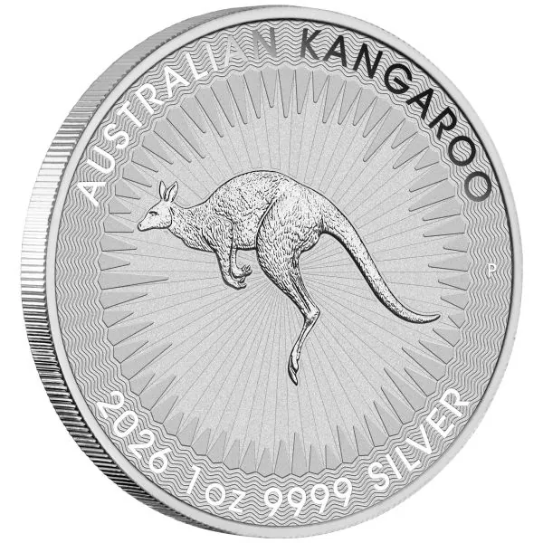 „1 Unze Silbermünze Australien 2026 Känguru, geprägt von der Perth Mint, Vorderseite mit Porträt von König Charles III., Rückseite zeigt detailreich ein springendes Känguru mit radialem Linienhintergrund.“