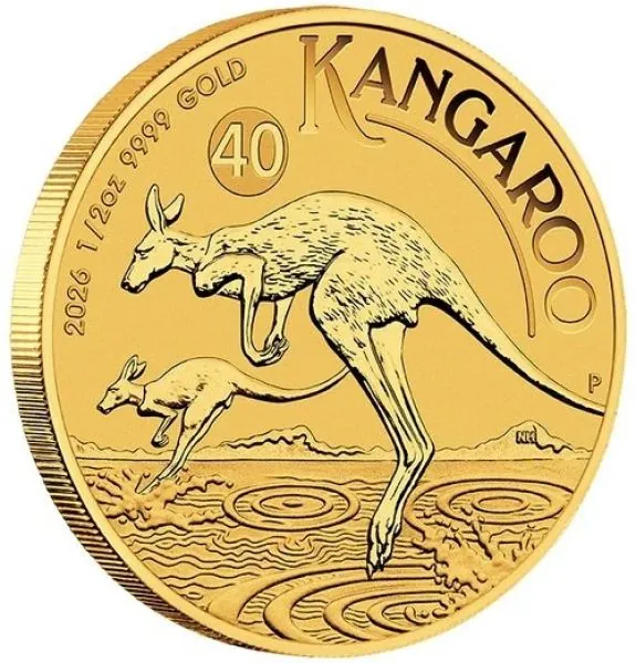„1/2 Unze Goldmünze Australien 2026 Känguru (40th Anniversary), geprägt von der Perth Mint, Vorderseite mit Porträt von König Charles III., Rückseite mit Känguru-Motiv, einzeln gekapselt.“
