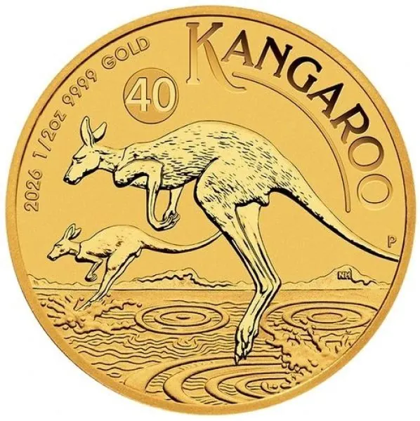 „1/2 Unze Goldmünze Australien 2026 Känguru (40th Anniversary), geprägt von der Perth Mint, Vorderseite mit Porträt von König Charles III., Rückseite mit Känguru-Motiv, einzeln gekapselt.“