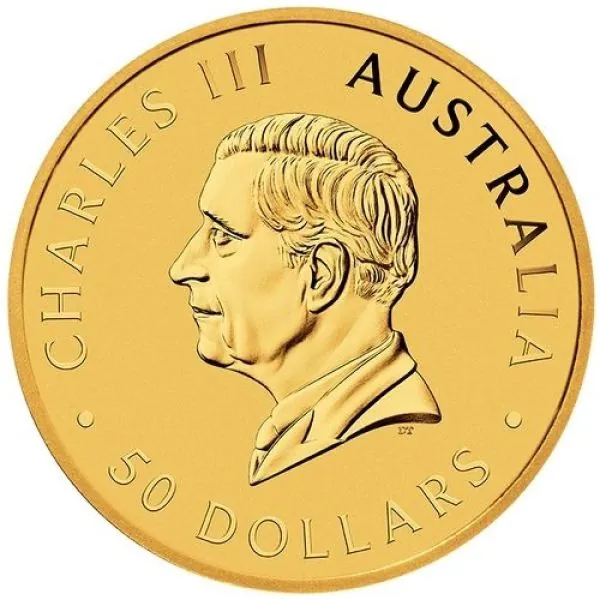 „1/2 Unze Goldmünze Australien 2026 Känguru (40th Anniversary), geprägt von der Perth Mint, Vorderseite mit Porträt von König Charles III., Rückseite mit Känguru-Motiv, einzeln gekapselt.“