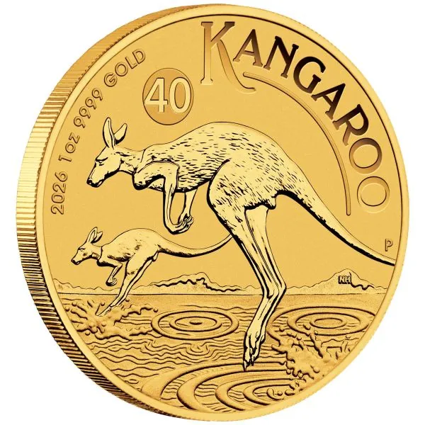 1 Unze Goldmünze Australien 2026 Känguru (40th Anniversary), geprägt von der Perth Mint, Vorderseite mit Porträt von König Charles III., Rückseite mit detailreicher Känguru-Darstellung
