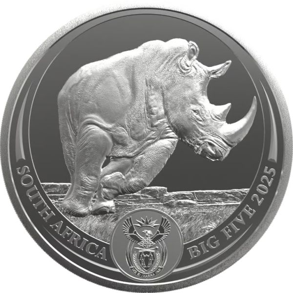1 Unze Silbermünze Südafrika 2025 Big Five III Nashorn, Vorderseite mit detailliertem Nashorn-Porträt, Rückseite zeigt zwei Nashörner, die zusammen ein Gesamtbild ergeben, geprägt von der South African Mint, einzeln gekapselt.