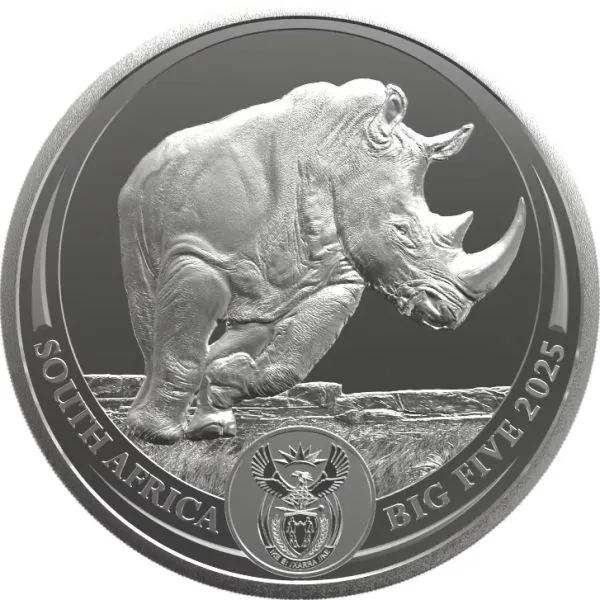 1 Unze Silbermünze Südafrika 2025 Big Five III Nashorn, Vorderseite mit detailliertem Nashorn-Porträt, Rückseite zeigt zwei Nashörner, die zusammen ein Gesamtbild ergeben, geprägt von der South African Mint, einzeln gekapselt.