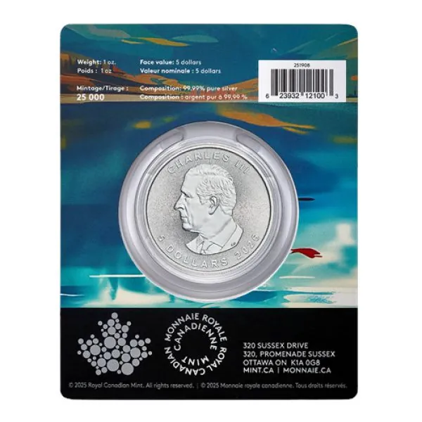 1 Unze Silbermünze Kanada 2026 Maple Leaf im Blister der Royal Canadian Mint, Vorderseite mit Porträt von König Charles III., Rückseite mit klassischem Ahornblatt und Privy-Mark ‚Celebration‘, geprägt in 999,9 Feinsilber mit Radiallinien und Micro-Engravi