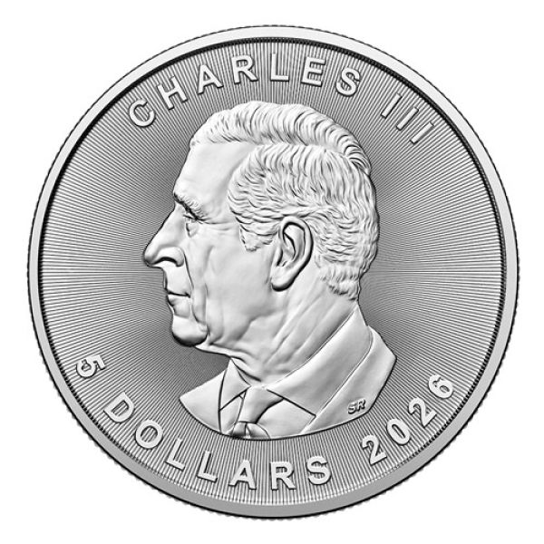 1 Unze Silbermünze Kanada 2026 Maple Leaf im Blister der Royal Canadian Mint, Vorderseite mit Porträt von König Charles III., Rückseite mit klassischem Ahornblatt und Privy-Mark ‚Celebration‘, geprägt in 999,9 Feinsilber mit Radiallinien und Micro-Engravi