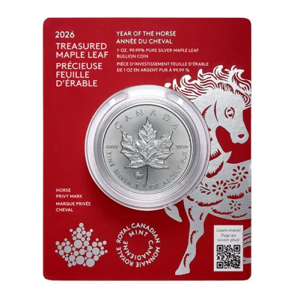 1 Unze Silbermünze Kanada 2026 Maple Leaf im Blister der Royal Canadian Mint, Vorderseite mit Porträt von König Charles III., Rückseite mit klassischem Ahornblatt und Privy-Mark ‚Year of the Horse‘, geprägt in 999,9 Feinsilber mit Radiallinien und Micro-E