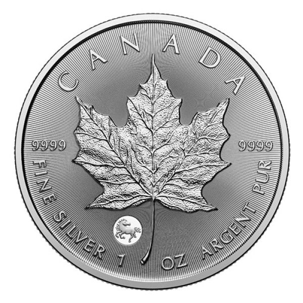 1 Unze Silbermünze Kanada 2026 Maple Leaf im Blister der Royal Canadian Mint, Vorderseite mit Porträt von König Charles III., Rückseite mit klassischem Ahornblatt und Privy-Mark ‚Year of the Horse‘, geprägt in 999,9 Feinsilber mit Radiallinien und Micro-E