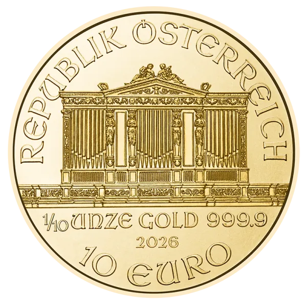 1/10 Unze Goldmünze Österreich 2026 Wiener Philharmoniker mit Instrumentenmotiv des Orchesters, geprägt von der Münze Österreich, Wertseite mit Orgelmotiv und Euro-Nennwert.