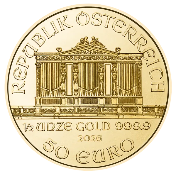 1/2 Unze Goldmünze Österreich 2026 Wiener Philharmoniker mit Instrumentenmotiv des Orchesters, geprägt von der Münze Österreich, Wertseite mit Orgelmotiv und Euro-Nennwert