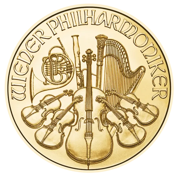 1 Unze Goldmünze Österreich 2026 Wiener Philharmoniker mit Instrumentenmotiv des Orchesters, geprägt von der Münze Österreich, Wertseite mit Orgelmotiv und Euro-Nennwert.