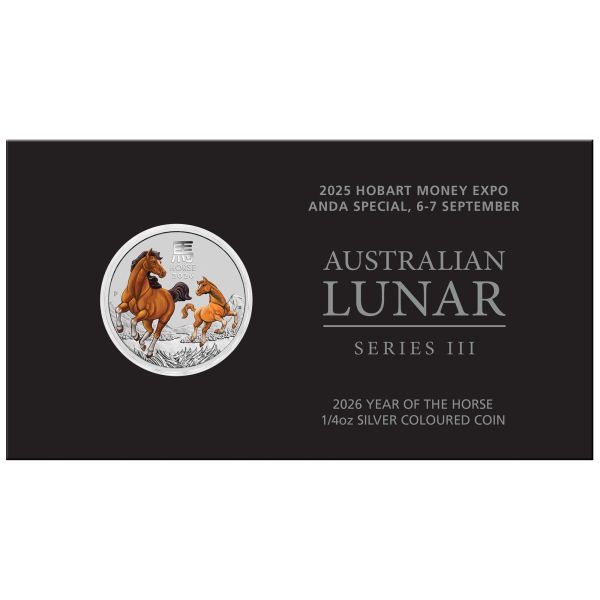 1/4 Unze Silbermünze Australien 2026 Blister in Farbe - Lunar Serie 3 - Motiv: PFERD | Privy Mark: Hobart Money Expo ANDA Special Ausgabe *