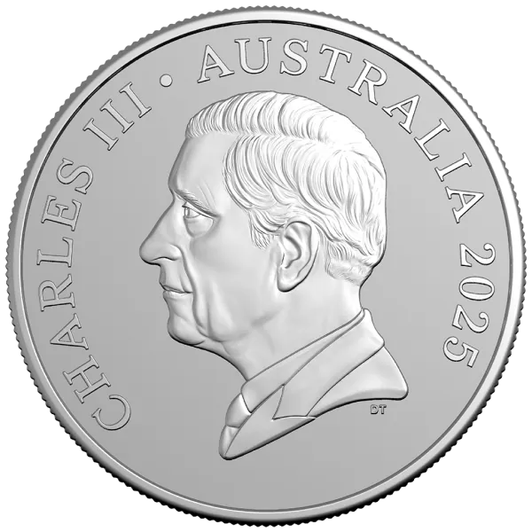1 oz Silbermünze Australien 2025 der Royal Australian Mint im Blister. Vorderseite mit modern gestaltetem Känguru im Bush-Capital-Motiv, Rückseite mit Porträt von König Charles III., Präsentation im farbigen Blisterkarton.