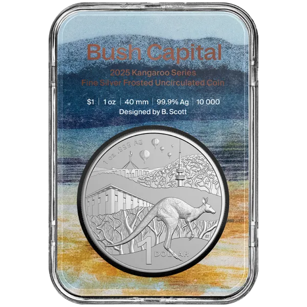 1 oz Silbermünze Australien 2025 der Royal Australian Mint im Blister. Vorderseite mit modern gestaltetem Känguru im Bush-Capital-Motiv, Rückseite mit Porträt von König Charles III., Präsentation im farbigen Blisterkarton.