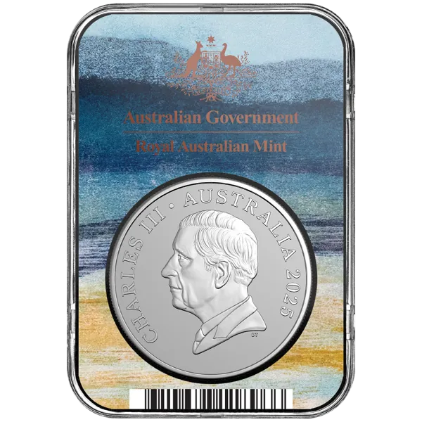 1 oz Silbermünze Australien 2025 der Royal Australian Mint im Blister. Vorderseite mit modern gestaltetem Känguru im Bush-Capital-Motiv, Rückseite mit Porträt von König Charles III., Präsentation im farbigen Blisterkarton.