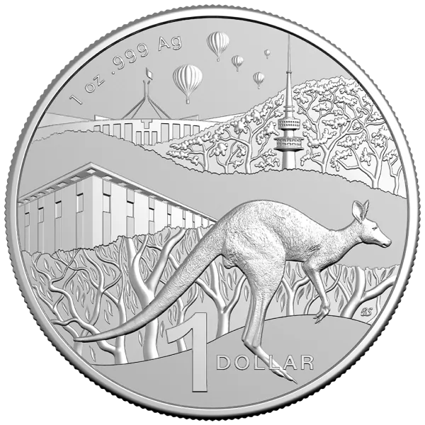 1 oz Silbermünze Australien 2025 der Royal Australian Mint im Blister. Vorderseite mit modern gestaltetem Känguru im Bush-Capital-Motiv, Rückseite mit Porträt von König Charles III., Präsentation im farbigen Blisterkarton.