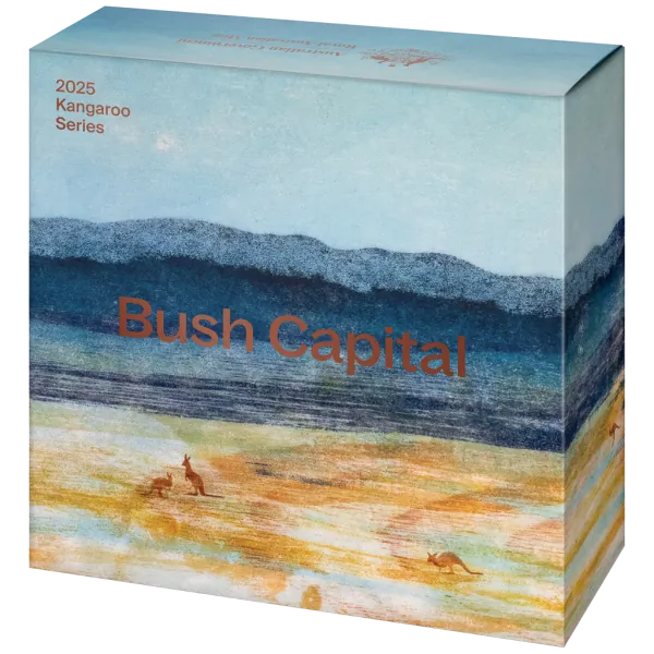 „1 oz Silbermünze Australien 2025 der Royal Australian Mint in Polierter Platte. Motiv mit Känguru im Bush-Capital-Design, spiegelnde und mattierte Elemente, geliefert im hochwertigen Etui mit Schuber.“