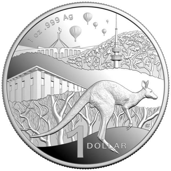 „1 oz Silbermünze Australien 2025 der Royal Australian Mint in Polierter Platte. Motiv mit Känguru im Bush-Capital-Design, spiegelnde und mattierte Elemente, geliefert im hochwertigen Etui mit Schuber.“