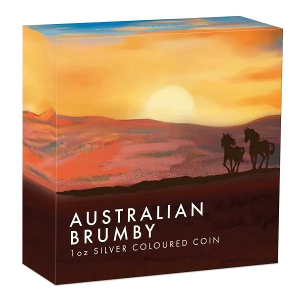 1 oz Silbermünze Australien 2025 der Perth Mint, farbig gestaltetes Motiv eines Brumby-Wildpferdes, Rückseite mit Porträt von König Charles III., verpackt im Sammler-Etui mit Zertifikat.