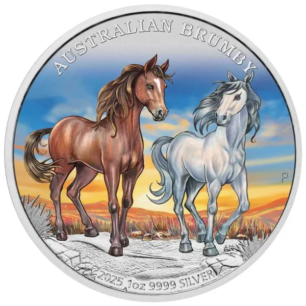 1 oz Silbermünze Australien 2025 der Perth Mint, farbig gestaltetes Motiv eines Brumby-Wildpferdes, Rückseite mit Porträt von König Charles III., verpackt im Sammler-Etui mit Zertifikat.