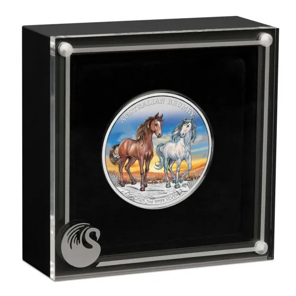 1 oz Silbermünze Australien 2025 der Perth Mint, farbig gestaltetes Motiv eines Brumby-Wildpferdes, Rückseite mit Porträt von König Charles III., verpackt im Sammler-Etui mit Zertifikat.