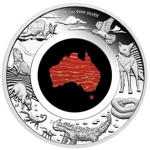 1 oz Silbermünze Australien 2025 der Perth Mint in Polierter Platte. Motiv mit australischer Landkarte, veredelt mit echtem Snakeskin Jasper, glänzende Silberoberfläche, Lieferung im Etui mit Zertifikat.