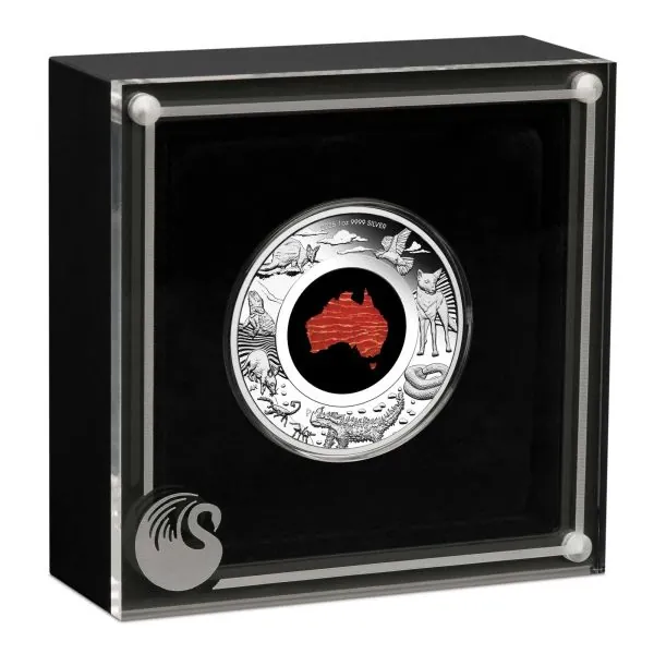1 oz Silbermünze Australien 2025 der Perth Mint in Polierter Platte. Motiv mit australischer Landkarte, veredelt mit echtem Snakeskin Jasper, glänzende Silberoberfläche, Lieferung im Etui mit Zertifikat.