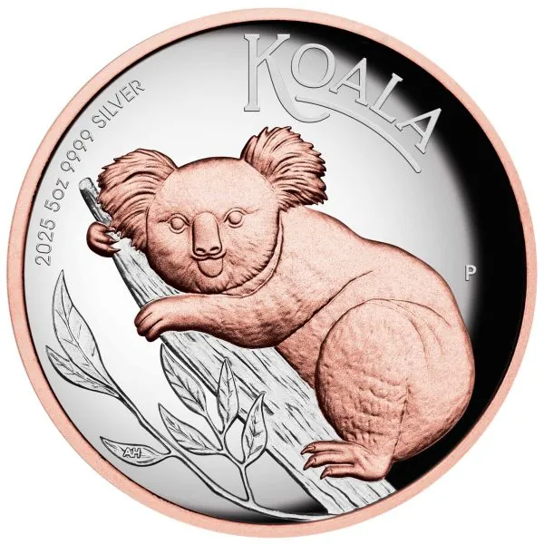 „5 Unzen Silbermünze Australien 2025 der Perth Mint, hoch reliefierter Koala mit Roségold-Akzenten, glänzende Polierte Platte, Lieferung in Präsentationsetui mit nummeriertem Zertifikat.“