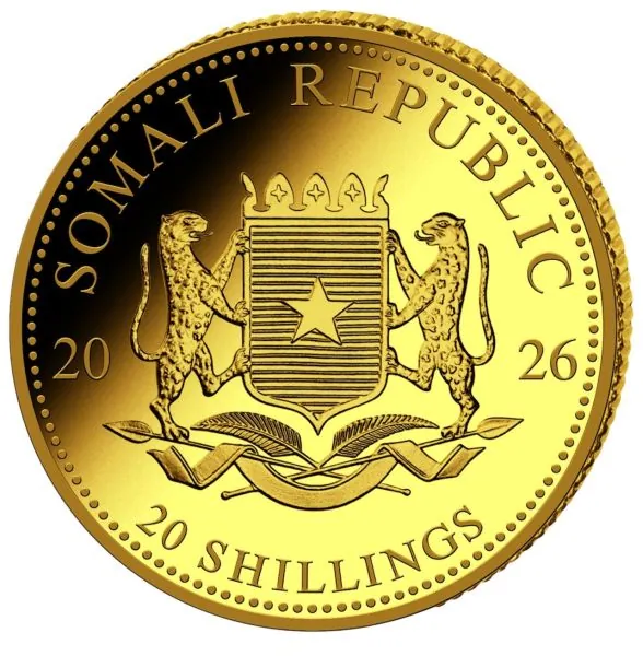 0,5 Gramm Goldmünze Somalia 2026 in Polierter Platte | Serie: African Wildlife - Motiv: Elefant